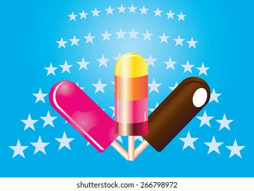 Vector illustration of 3 type of ice cream, chocolate brown juicy pink and orange yellow ice lolly isolated on light blue background with stars pattern. Gift card, postcard. No transparencies applied
