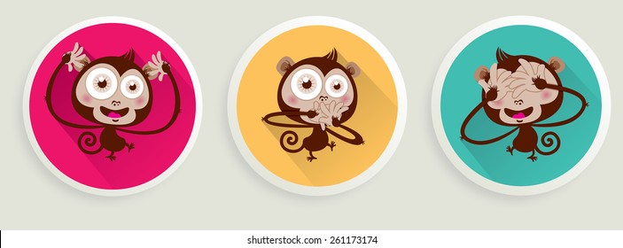 Vector illustration of 3 wise monkeys. 
See no Evil, Hear no Evil,  Speak no Evil.