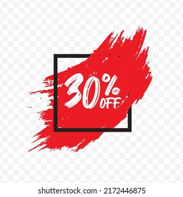 Vector illustration of 30 % Off discount tag with brush effect on red color and transparent background (PNG).