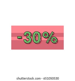 Vector illustration, - 30% tag with hand drawn lettering on a trendy geometrical background