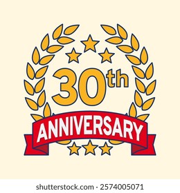 Vector illustration of 30th or 30 years anniversary logo featuring a laurel wreath, stars, and ribbon. Perfect for marking milestones, achievements, special events with an elegant and timeless design