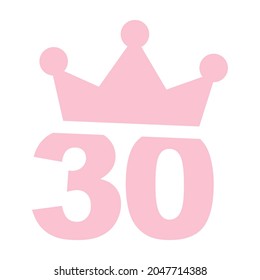 Vector illustration of 30th birthday party pink clip art icon - Number thirty with a crown