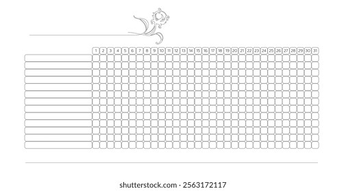 Vector Illustration of a 31-Day Daily Planner Template, Minimalistic and Stylish Design with Organized Grids for Each Day. Daily Habit Tracker.