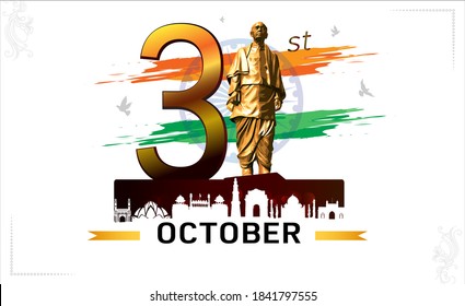 Vector illustration of 31st October national unity day of India, remembering iron man, Sardar Vallabhbhai Patel jayanti, monument, tricolor flag and Sardar Vallabhbhai Patel statue in Gujarat