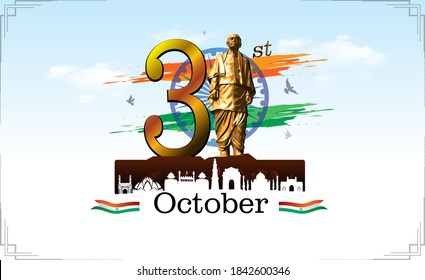 Vector illustration of 31st October national unity day of India, remembering iron man, Sardar Vallabhbhai Patel jayanti, monument, tricolor flag and Sardar Vallabhbhai Patel statue in Gujarat