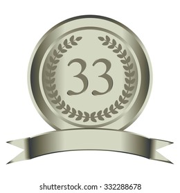 Vector illustration of 33 the anniversary. Silver laurel wreath and ribbon.