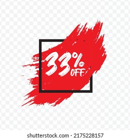 Vector illustration of 33 % OFF discount tag with brush effect on red color and transparent background (PNG).