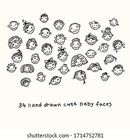  Vektorillustration. 34 handgezeichnete süße Babygesichte. Set von Doodle lächelnden Babygesichtern. Hand zeichnet schwarze Markerkunst.