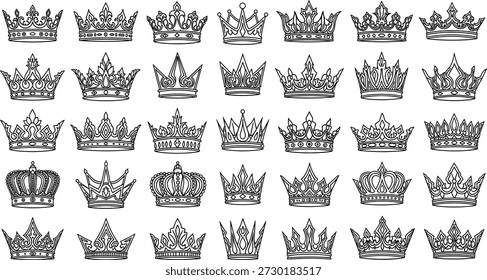 Vector illustration of 35 ornate crown designs in black and white featuring fleur-de-lis, arches, and royal motifs