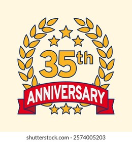 Vector illustration of 35th or 35 years anniversary logo featuring a laurel wreath, stars, and ribbon. Perfect for marking milestones, achievements, special events with an elegant and timeless design