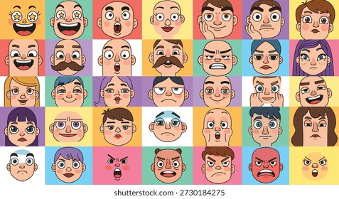 Ilustración vectorial de 36 caras de estilo de dibujos animados que muestran diversas emociones y expresiones en coloridos fondos cuadrados