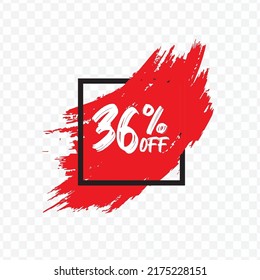 Vector illustration of 36 % OFF discount tag with brush effect on red color and transparent background (PNG).