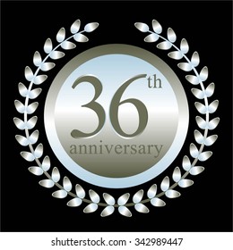  Vector illustration of 36 th anniversary. Silver laurel wreath on a black background