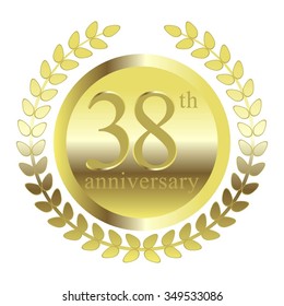 Vector illustration of 38 anniversary. Gold laurel wreath on a white background.