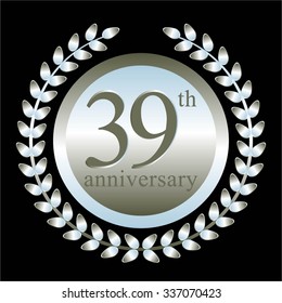 Vector illustration of 39 th anniversary. Silver laurel wreath on a black background