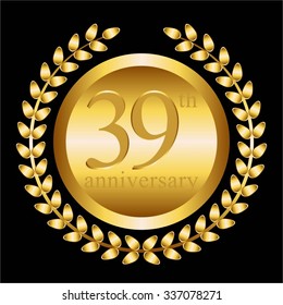 Vector illustration of 39 th anniversary. Gold laurel wreath on a black background