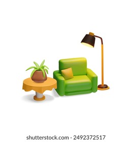 Vector illustration of a 3D armchair with a pillow, a floor lamp, a table and aloe in a flower pot on a white background. Ideal for decorating modern interiors