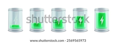 Vector illustration of 3d battery icons in different charge levels with a glowing green effect and lightning symbols. Ideal for energy, technology, and power-related projects or designs.