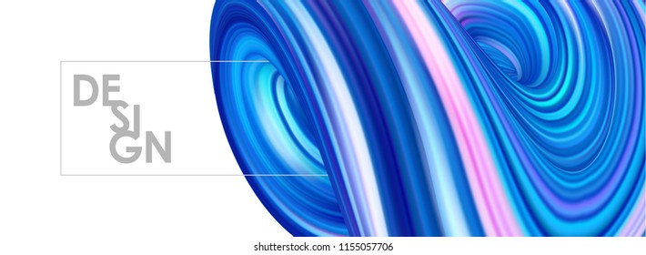 Vector illustration: 3D Blue neon colored abstract twisted fluide shape on white background. Trendy banner design