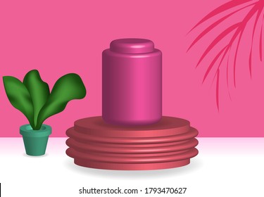Vektorgrafik 3d Flasche auf podium realistisches Konzept , Werbemock-up Studio-Dekoration leeren Schaufenster Natur rosa Schild Vorlage , abstrakt für Ihre Business-Werbung