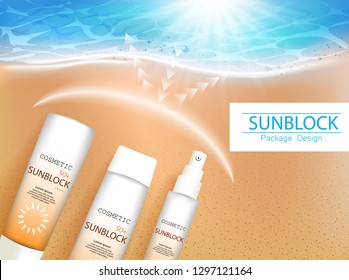 Vector illustration. 3d bottles with sun protection cosmetic products on tropic beach. Sunblock cream and tanning oil spray bottle. Template, for magazine or ads, brochure, flyer, banner.