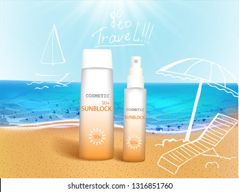 Vector illustration. 3d bottles with sun protection cosmetic products on tropic beach with hand draw doodle element. Sunblock cream and tanning oil spray bottle. Template, for magazine or ads