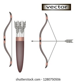 Vector illustration of 3D bow and arrows to crossbows for shooting from the ancient weapon at a target target glyph of aimed shot