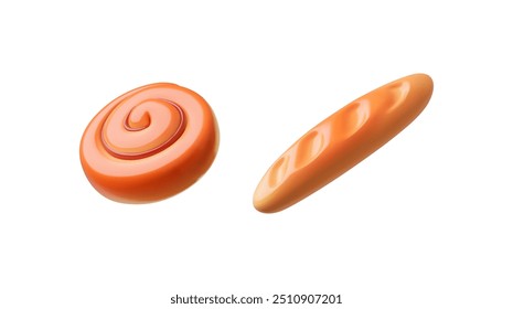 Ilustração vetorial de um conjunto de ícones de pão 3D com uma massa em forma de espiral e uma baguete. O design suave e brilhante dos ícones de pão dá-lhes uma aparência realista, mas estilizada.