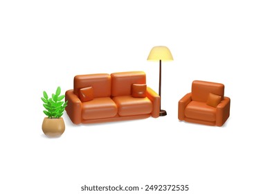 Vector illustration with a 3D brown leather sofa with cushions, a plant in flower pots, a floor lamp and an armchair, for decorating modern interiors