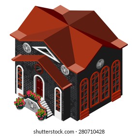 Vector illustration of 3d building. Isometric view of old brick building with large windows and molding. Can be used as icon of, hotel, mall, pastry shop, or dwelling house for games and mobile apps.