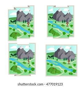 Vector illustration of 3d cartoon paper maps from different angles, isolated on white background.