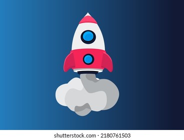 Vector Illustration Of A 3d Cartoon Rocket Launching. Red And White Rocket With Smoke On Launch. Concept For Business Startup, Ideation And Product Launch