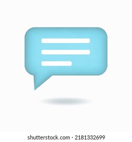 Vector illustration. 3d chat icon, comment, speech bubble with three lines. Rectangular button isolated on white background. 