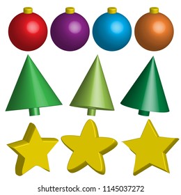 Vector illustration. 3D. Christmas balls on the Christmas tree, Christmas trees, stars.