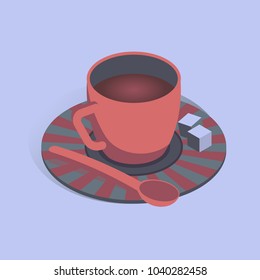 Vector illustration with 3D coffee cup with pieces of sugar in isometric flat style