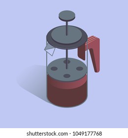 Vector illustration with 3D coffee pot FRENCH PRESS. Coffee maker in isometric flat style on blue background