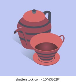 Vector illustration with 3D coffee or tea pot with cup. Kettle in isometric flat style on blue background