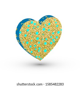 Vector illustration. 3d colored heart with shadow. Heart with gold and decorative elements.