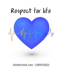 Vector illustration. 3d colored heart with cardiogram on white background. Blue volumetric heart with lettering Respect for life.