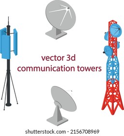 Vector illustration 3D communication towers. satellite dish, radar