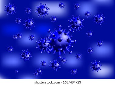 vector illustration of 3d corona virus spread. the color of the dominant virus is blue with a gradient mask. blue background with gradient mask effect.