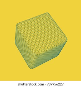 Vector illustration of 3D cube — regular platonic solid figure. Three-dimensional transparent object. Abstract polygonal shape and simple geometric form. Isolated on colored background.