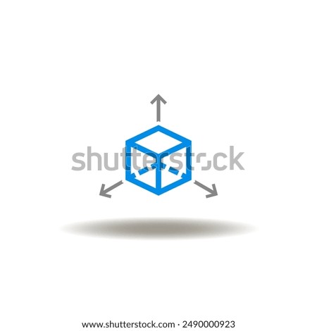 Vector illustration of 3d cube and three axis with arrows. Icon of BIM Building Information Modeling.