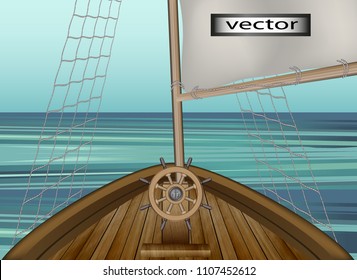 Vector illustration of 3D deck, the bow of a ship with a mast, sea travel, vintage retro ship with a sea view.