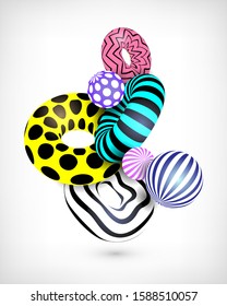 Vector illustration. 3d decorative rings and balls. Abstract design with shadows on the vignette background.