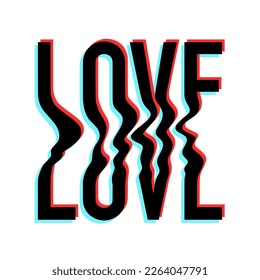 Vector illustration with 3d effect. Love concept. Happy Valentine's day greeting card. Lettering in trendy psychedelic y2k rave style. Nostalgia for 1990s -2000s. 