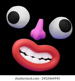 Ilustración vectorial Elementos 3D Dos enormes ojos blancos con pupilas Grandes, una nariz rosa brillante y una boca sonriente con dientes blancos se presentan en una composición lúdica que recuerda a una cara de dibujos animados