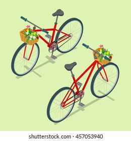 Vector illustration. 3d. Flat design. Isometric Bicycle. Bicycle icon. Eco transport. Bicycle with a basket