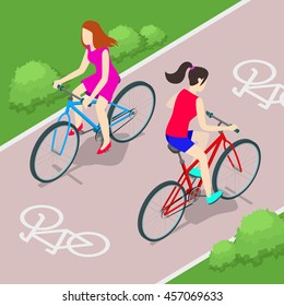 Vector illustration. 3d. Flat. Isometric. Cycling on bike. Cyclists in city.  Isometric Bicycle. Isometric people. Woman