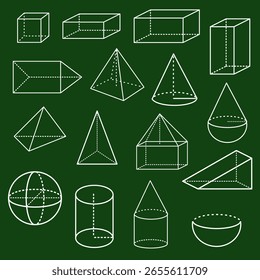 Eine Vektorgrafik von geometrischen 3D-Formen, die in weißen Umrissen auf grünem Kreidetafelhintergrund gezeichnet sind. Umfasst verschiedene mathematische und geometrische Figuren wie Würfel, Kegel, Zylinder, Kugeln, Pyramiden, und